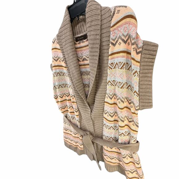 The Limited Sweater Vest Womens S Tan Pink Fair Isle Open Front Belted Cardigan - Picture 3 of 12